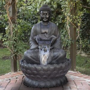 Holiness Craft Big 4.6 feet Mystic Large Lotus Buddha Fiber Water Fountain for Home Decor, Living Room, Garden Door Entrance (54 Inch, Black)