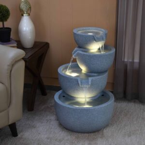 Holiness Craft 4 Tier Cascading Pot Water Fountain, Trio Grey Stone Look Decorative Bowls, Indoor Outdoor Garden Decor, Electric Powered, 72 cm Height