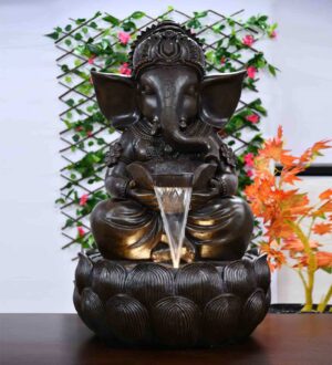 Lord Ganesha Decorative Water Fountain, 3 Feet Tall, Lotus Base, Indoor Outdoor Garden Decor Brown
