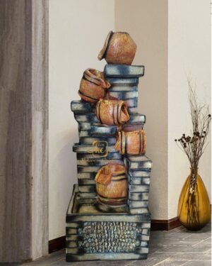 Decorative Fiberglass Water Fountain, 4.5 Feet Tall Jug Pot Design, Indoor Outdoor Decor, Cascading Pottery Style Waterfall Feature, Multi-Tier Design, Electric Powered Water Pump
