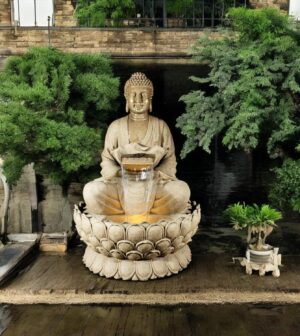 Holiness Craft Big 4.6 feet Mystic Large Lotus Buddha Fiber Water Fountain for Home Decor, Living Room, Garden Door Entrance